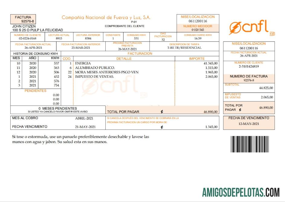 Costa Rica Compañía Nacional De Fuerza Y Luz, S.A. (CNFL) Conta de serviços públicos amostra